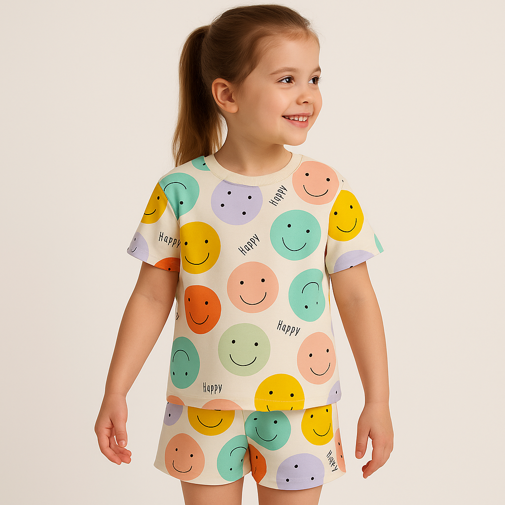 Happy Vibes Cord Set | Smiley Face Print Cotton T-shirt & Shorts | Fun Summer Outfit for Girls