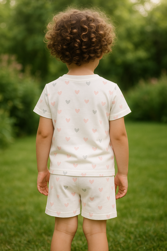 “Sweet Hearts Cord Set – Soft Pastel Heart Print Outfit for Boys” Half Sleeve T-Shirt & Shorts Co-ord Set – Soft polyester Nightwear / Lounge Wear