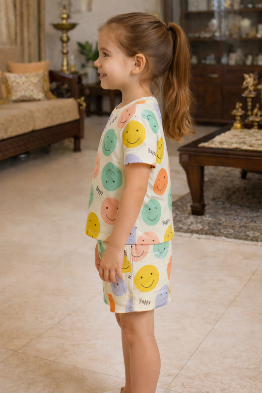 Happy Vibes Cord Set | Smiley Face Print Cotton T-shirt & Shorts | Fun Summer Outfit for Girls