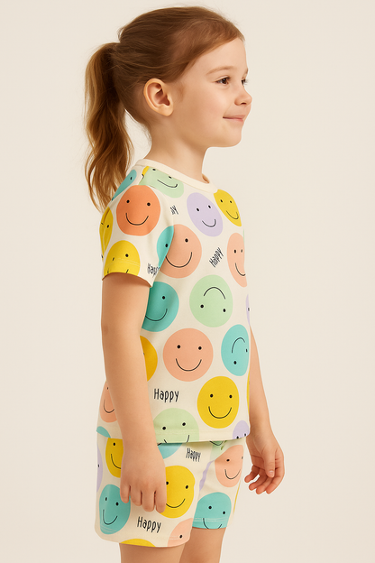 Happy Vibes Cord Set | Smiley Face Print Cotton T-shirt & Shorts | Fun Summer Outfit for Girls