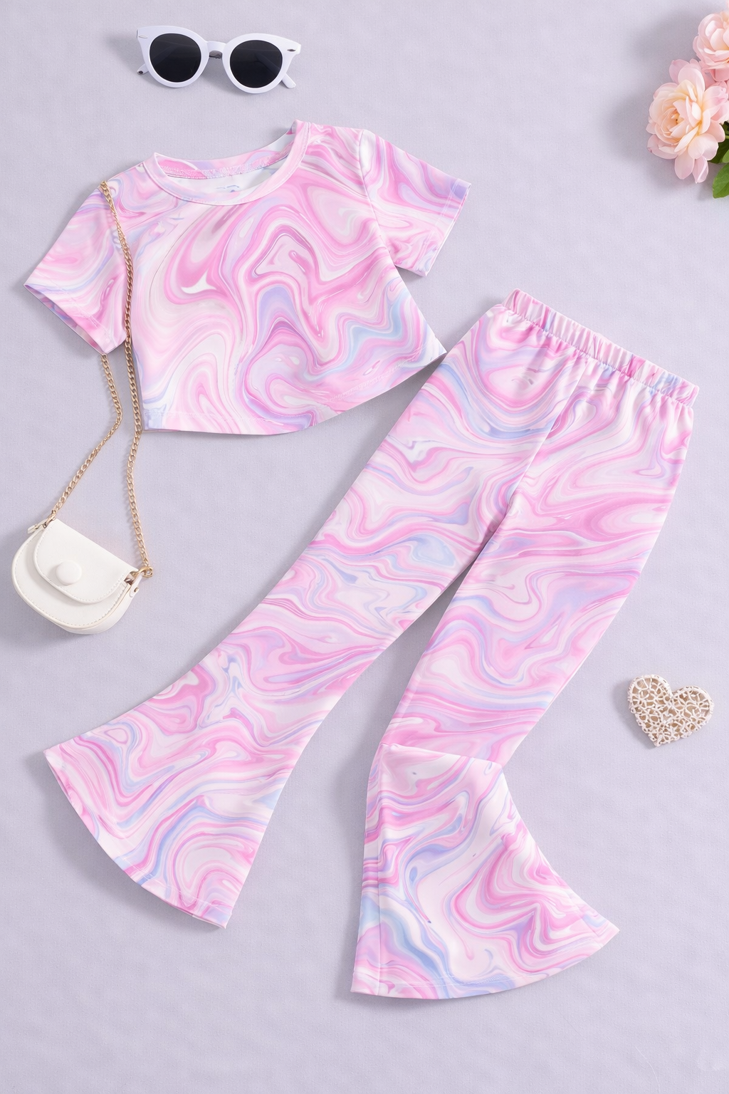 Girls Pink Marble Tie Dye Co-Ord Set | Kids Crop Top & Bell Bottom Pants | Stylish Summer Outfit for Girls