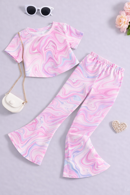 Girls Pink Marble Tie Dye Co-Ord Set | Kids Crop Top & Bell Bottom Pants | Stylish Summer Outfit for Girls