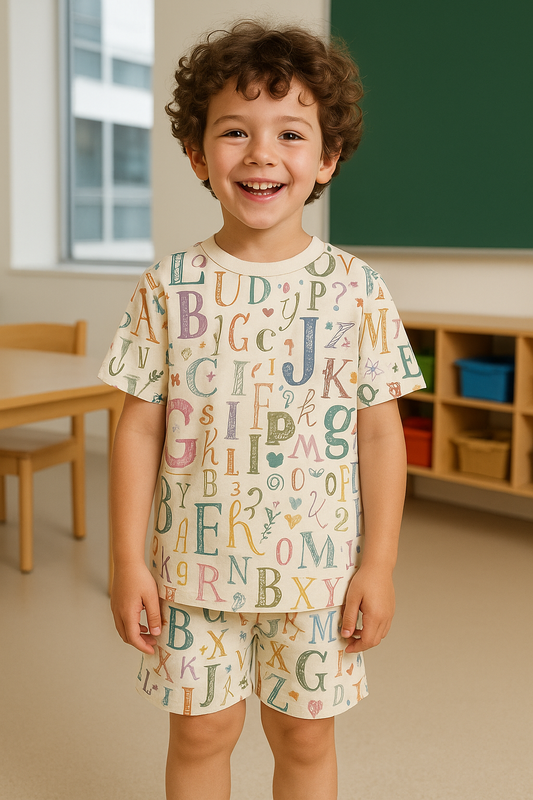 “ABC Fun Cord Set – Colorful Alphabet Print Educational Outfit for Boys” Half Sleeve T-Shirt & Shorts Co-ord Set – Soft Cotton Nightwear / Lounge Wear