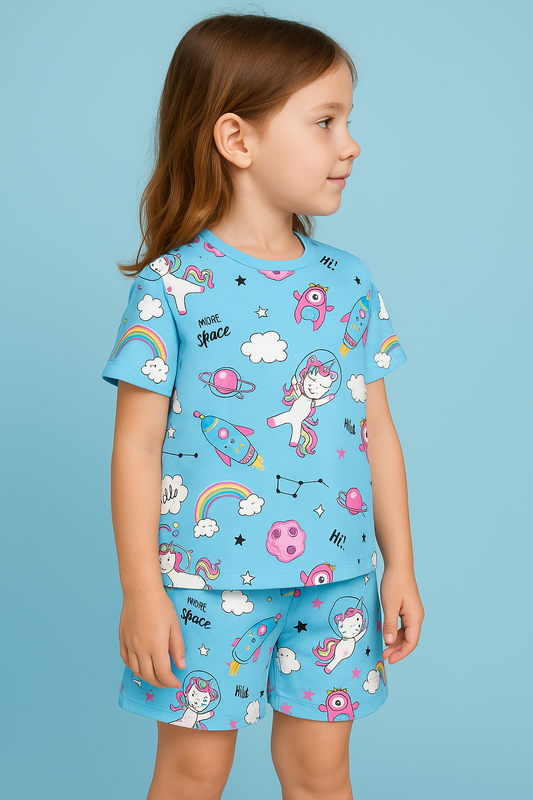 Space Unicorn Coord Set | Fun Astronaut Unicorn Print Cotton T-shirt & Shorts | Colorful Summer Outfit for Girls