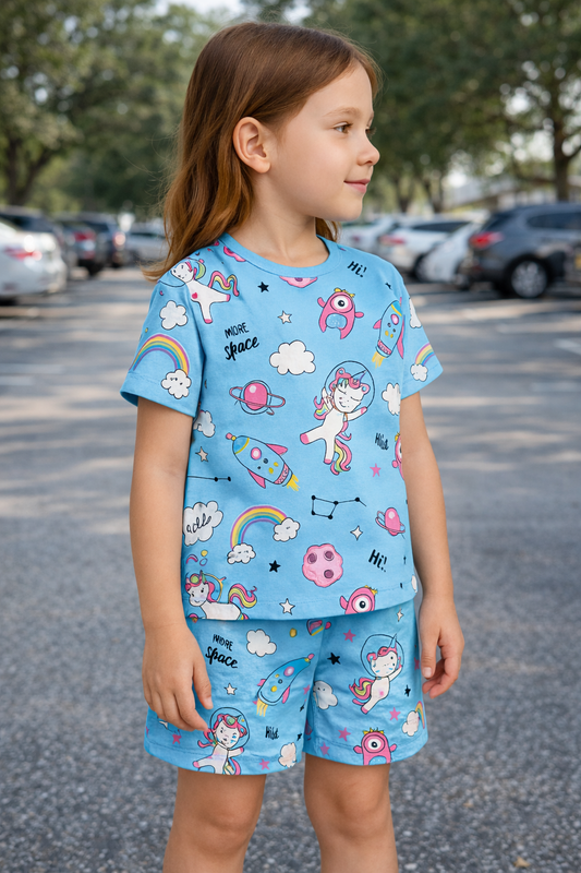 Space Unicorn Coord Set | Fun Astronaut Unicorn Print Cotton T-shirt & Shorts | Colorful Summer Outfit for Girls