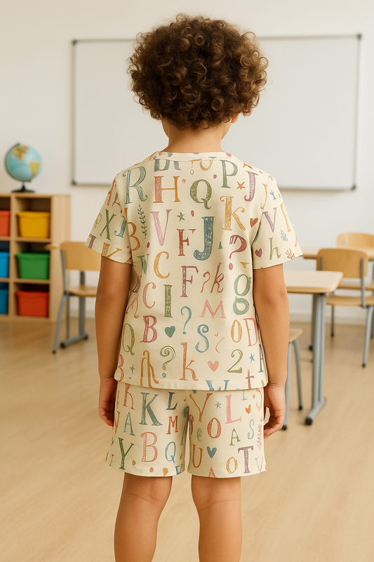 “ABC Fun Cord Set – Colorful Alphabet Print Educational Outfit for Boys” Half Sleeve T-Shirt & Shorts Co-ord Set – Soft Cotton Nightwear / Lounge Wear