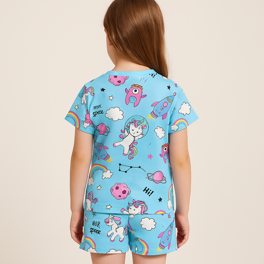 Space Unicorn Coord Set | Fun Astronaut Unicorn Print Cotton T-shirt & Shorts | Colorful Summer Outfit for Girls