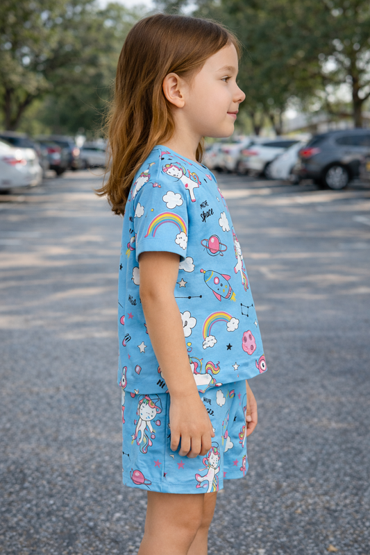 Space Unicorn Coord Set | Fun Astronaut Unicorn Print Cotton T-shirt & Shorts | Colorful Summer Outfit for Girls