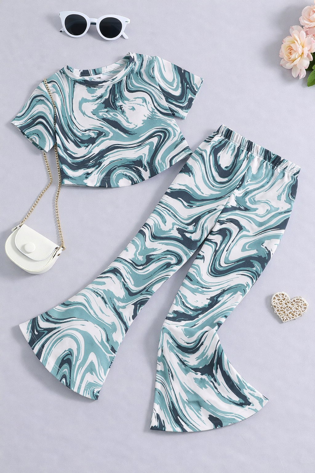 Girls Blue Marble Co-Ord Set | Kids Crop Top & Bell Bottom Pants Outfit | Trendy Western Wear for Girls