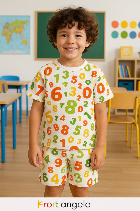 “Number Fun Cord Set – Bright Educational Number Print Outfit for Boys” Half Sleeve T-Shirt & Shorts Co-ord Set – Soft Cotton Nightwear / Lounge Wear