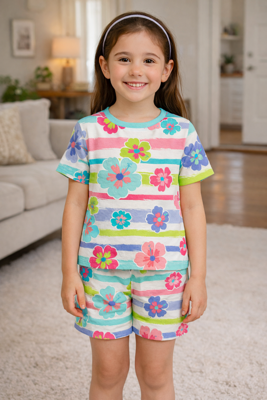 Spring Stripes Cord Set | Vibrant Floral Pattern Kidswear | Comfortable Cotton Summer Outfit for Girls