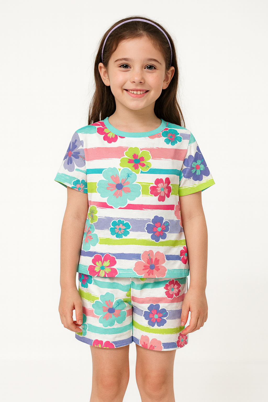 Spring Stripes Cord Set | Vibrant Floral Pattern Kidswear | Comfortable Cotton Summer Outfit for Girls
