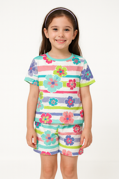 Spring Stripes Cord Set | Vibrant Floral Pattern Kidswear | Comfortable Cotton Summer Outfit for Girls