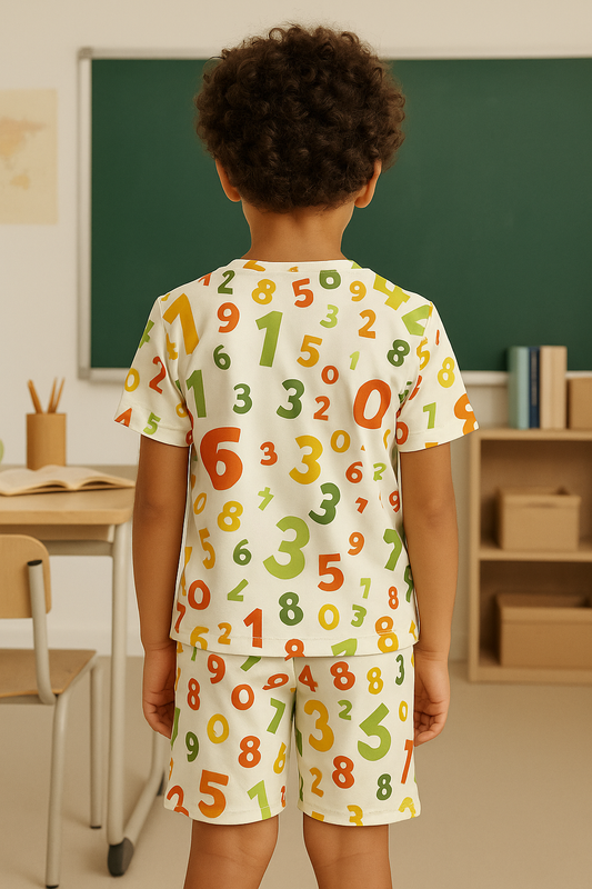 “Number Fun Cord Set – Bright Educational Number Print Outfit for Boys” Half Sleeve T-Shirt & Shorts Co-ord Set – Soft Cotton Nightwear / Lounge Wear