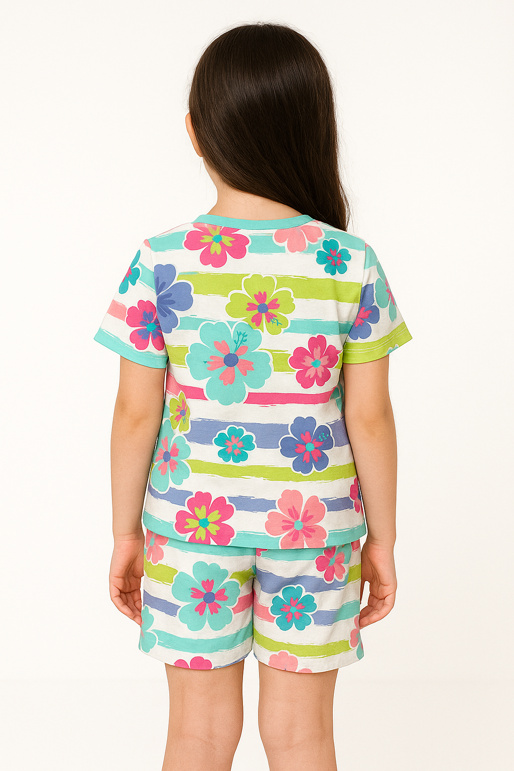 Spring Stripes Cord Set | Vibrant Floral Pattern Kidswear | Comfortable Cotton Summer Outfit for Girls