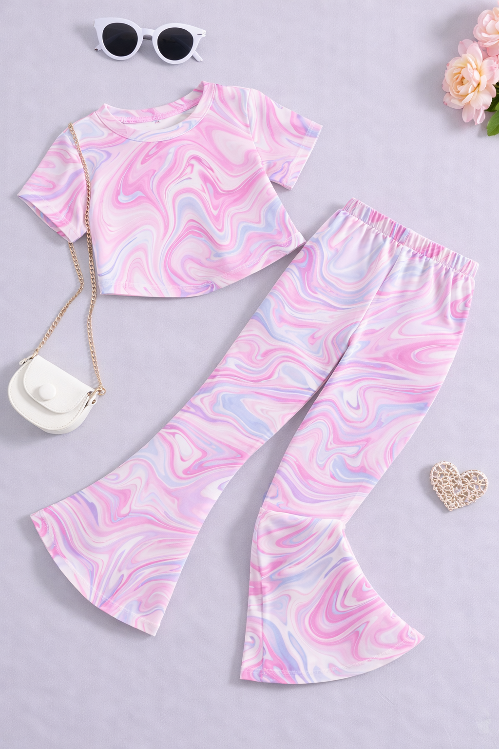 Girls Pastel Marble Co-Ord Set | Kids Crop Top & Flared Pants Outfit | Stylish Party Wear for Girls