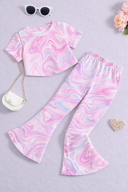Girls Pastel Marble Co-Ord Set | Kids Crop Top & Flared Pants Outfit | Stylish Party Wear for Girls