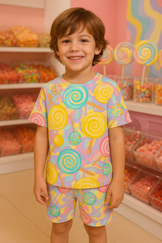 “Candy Swirl Cord Set – Bright Lollipop Print Summer Outfit for Boys” Half Sleeve T-Shirt & Shorts Co-ord Set – Soft Cotton Nightwear / Lounge Wear
