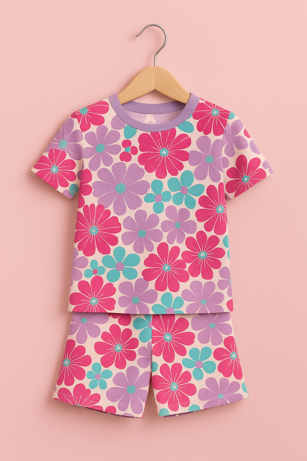 Pink & Purple Flower Printed Cordset For Girls