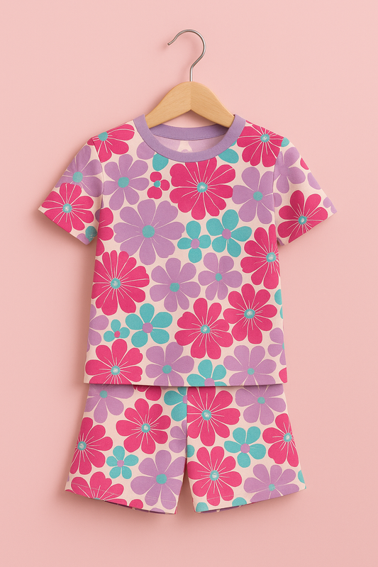 Pink & Purple Flower Printed Cordset For Girls