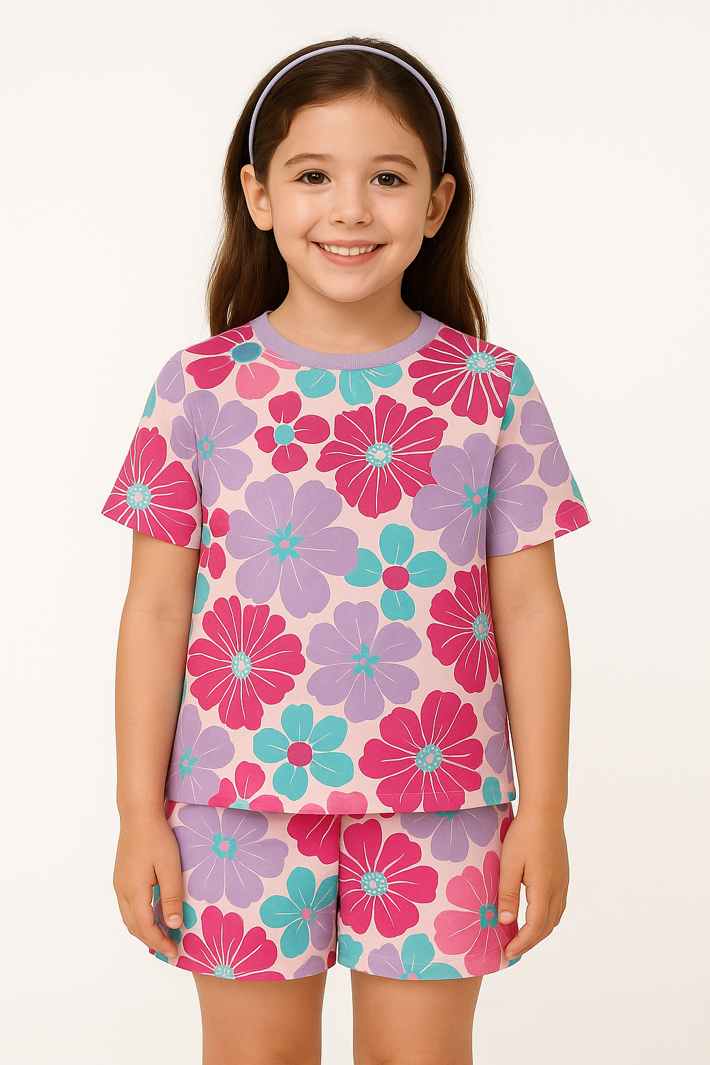 Floral Fantasy Collection: Pink & Purple Flower Print Cord Set | Soft Cotton Half Sleeve Top & Shorts for Girls