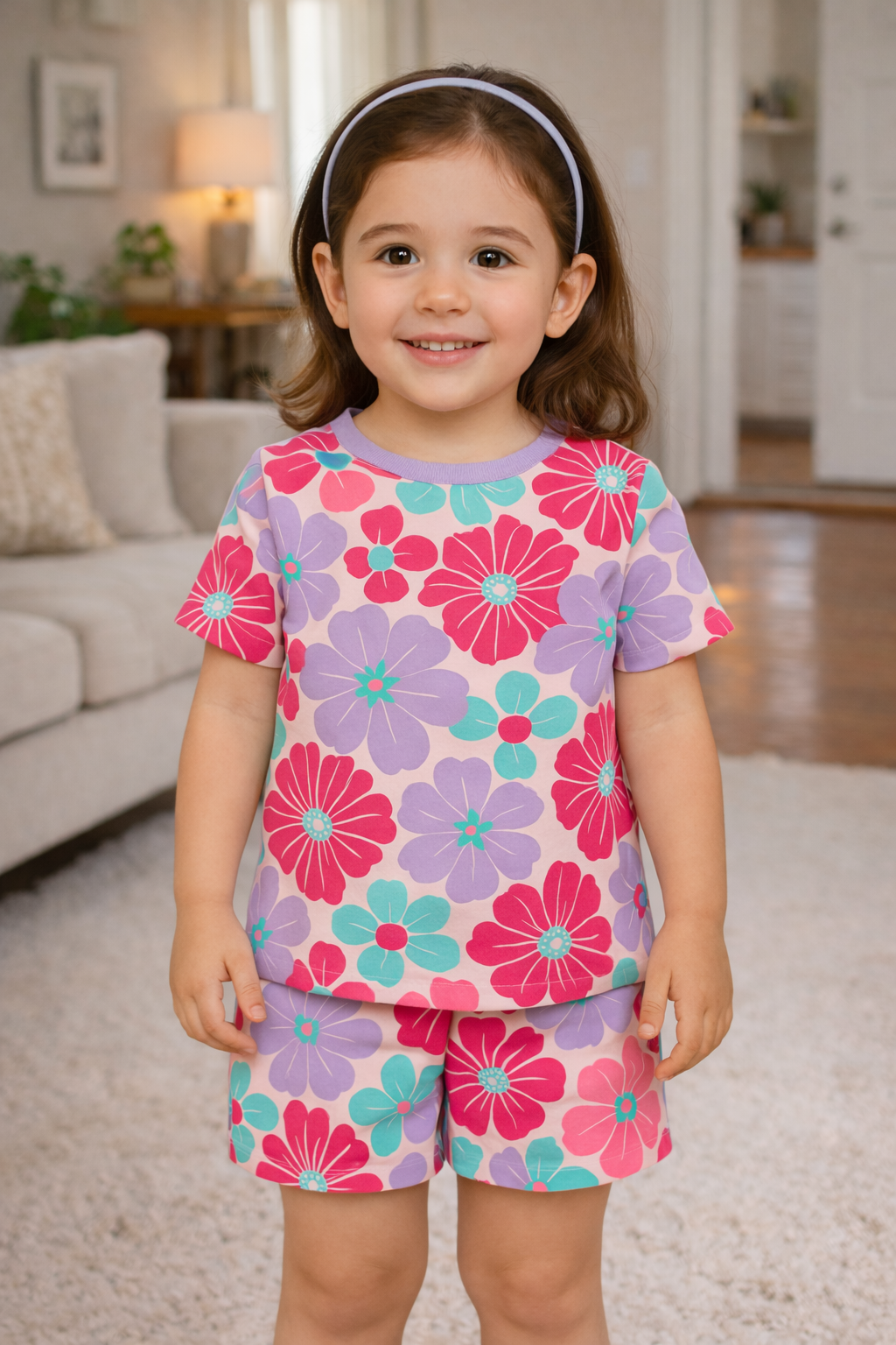 Floral Fantasy Collection: Pink & Purple Flower Print Cord Set | Soft Cotton Half Sleeve Top & Shorts for Girls
