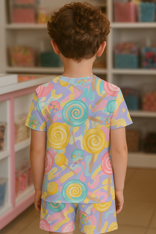 “Candy Swirl Cord Set – Bright Lollipop Print Summer Outfit for Boys” Half Sleeve T-Shirt & Shorts Co-ord Set – Soft Cotton Nightwear / Lounge Wear