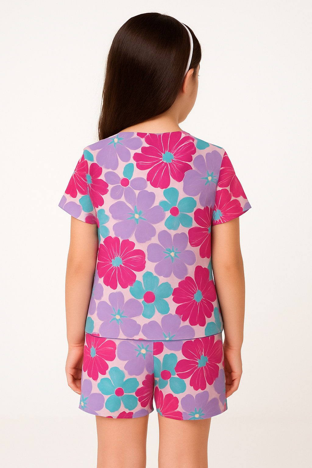 Floral Fantasy Collection: Pink & Purple Flower Print Cord Set | Soft Cotton Half Sleeve Top & Shorts for Girls