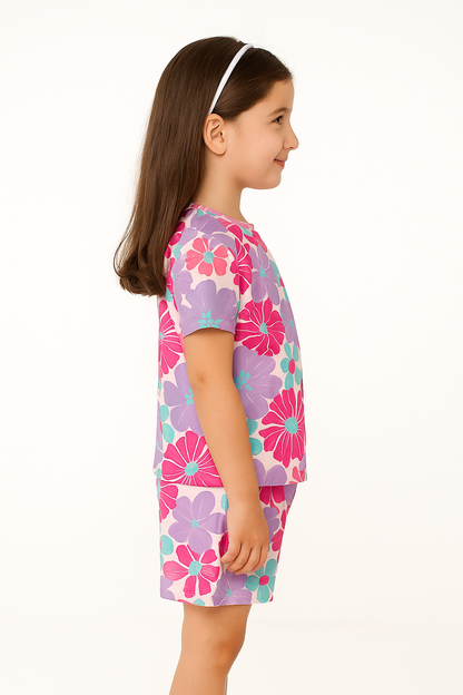 Floral Fantasy Collection: Pink & Purple Flower Print Cord Set | Soft Cotton Half Sleeve Top & Shorts for Girls