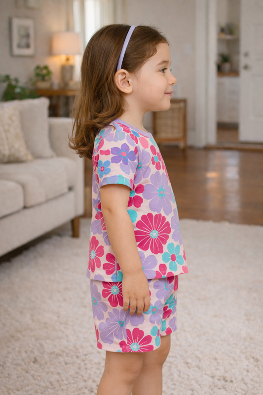 Floral Fantasy Collection: Pink & Purple Flower Print Cord Set | Soft Cotton Half Sleeve Top & Shorts for Girls