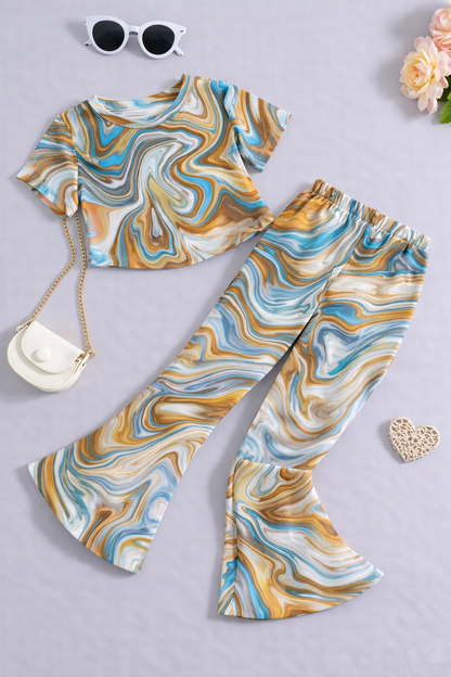 Girls Multicolor Marble Co-Ord Set | Kids Crop Top & Flared Pants Outfit | Trendy Casual Wear for Girls