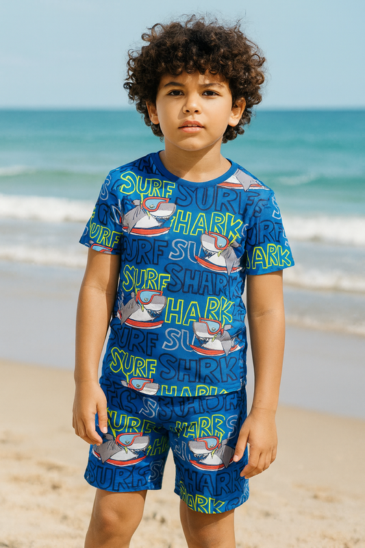 “Surf Shark Cord Set – Fun Ocean Blue Shark Print Summer Outfit for Boys” Half Sleeve T-Shirt & Shorts Co-ord Set – Soft Cotton Nightwear / Lounge Wear