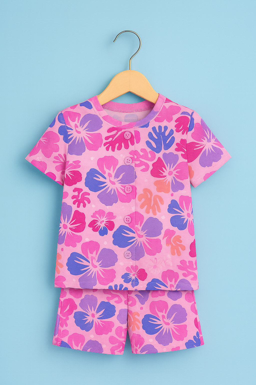 Bright Tropical Flower Printed Cordset For Girls