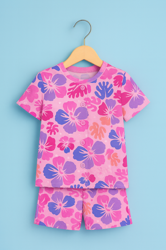 Bright Tropical Flower Printed Cordset For Girls