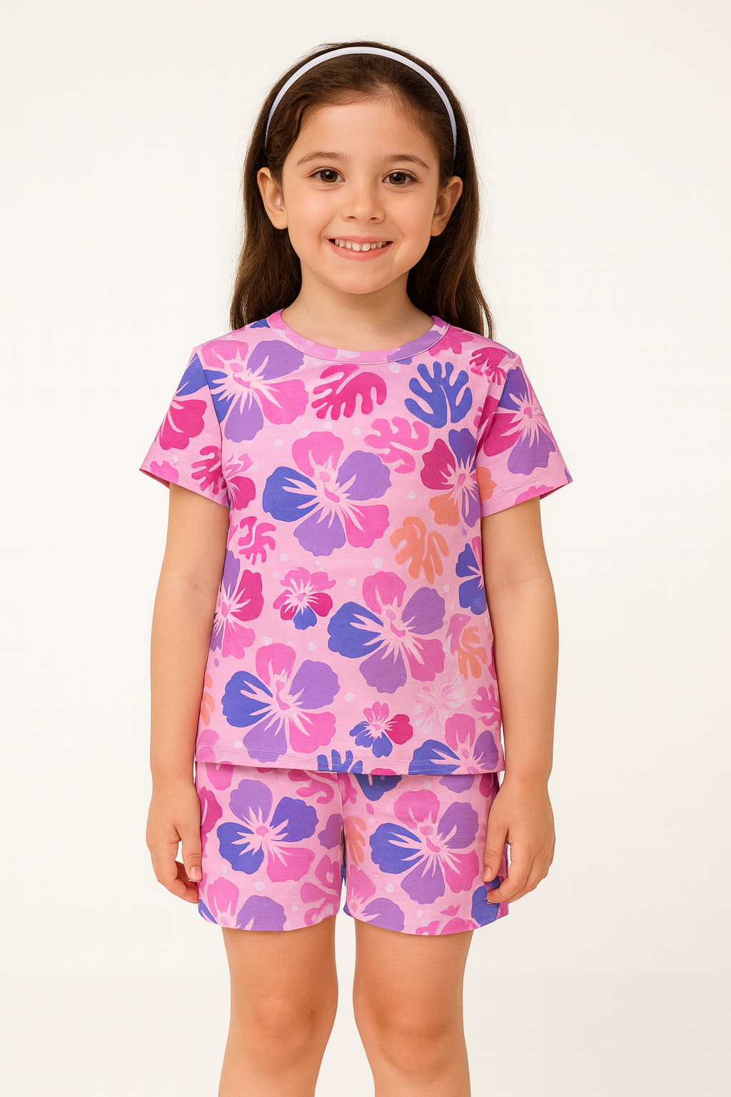 Hibiscus Dreams Collection: Bright Tropical Flower Print Cord Set | Soft Cotton Half Sleeve Top & Shorts for Girls