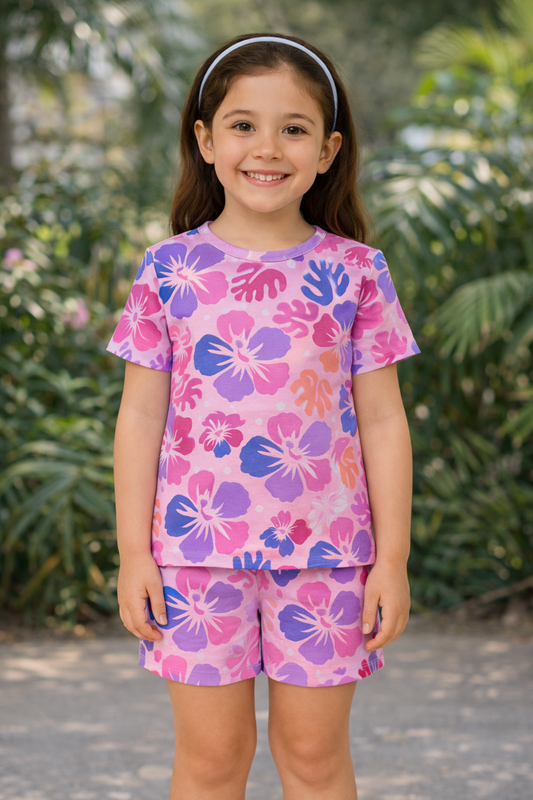 Hibiscus Dreams Collection: Bright Tropical Flower Print Cord Set | Soft Cotton Half Sleeve Top & Shorts for Girls
