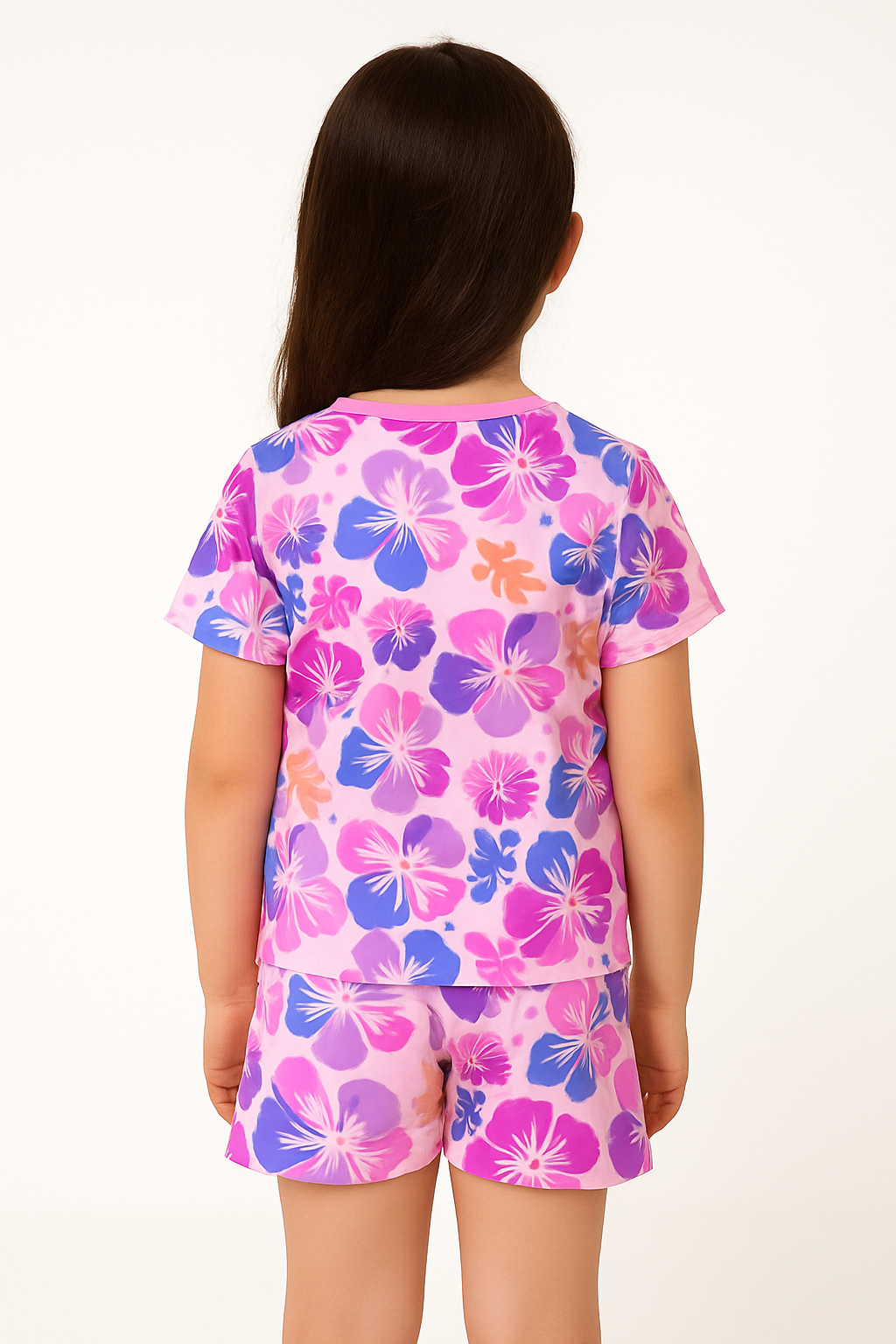 Hibiscus Dreams Collection: Bright Tropical Flower Print Cord Set | Soft Cotton Half Sleeve Top & Shorts for Girls