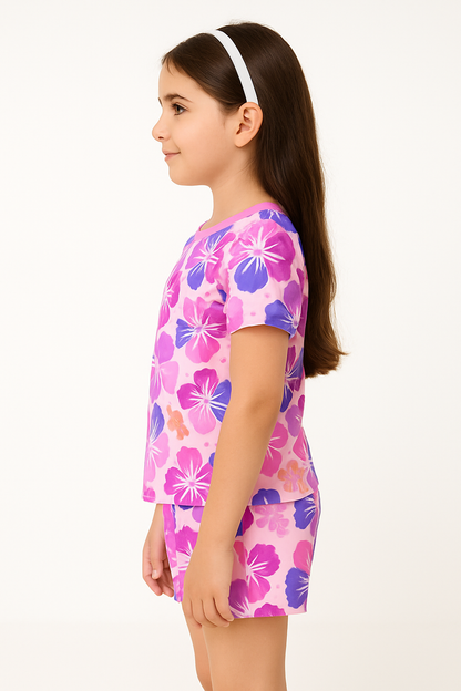 Hibiscus Dreams Collection: Bright Tropical Flower Print Cord Set | Soft Cotton Half Sleeve Top & Shorts for Girls