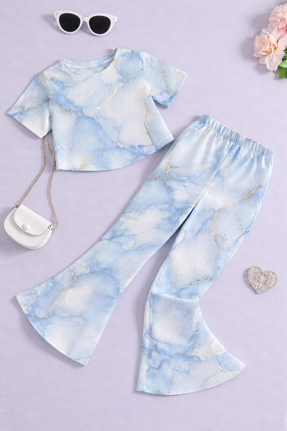 Girls Sky Blue Marble Co-Ord Set | Kids Crop Top & Bell Bottom Pants Outfit | Trendy Western Wear for Girls