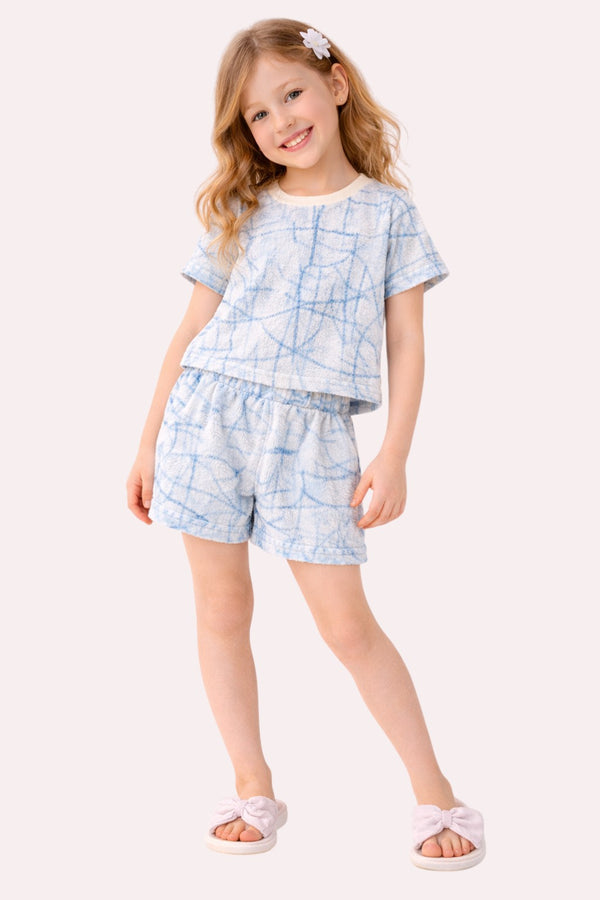 Horcun Clothing Brand girls' ice blue abstract sketch print 2-piece co-ord set with round neck t-shirt and elastic shorts.
