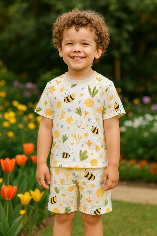 “Honey Bee Cord Set – Adorable Yellow Bee and Floral Print Outfit for Boys” Half Sleeve T-Shirt & Shorts Co-ord Set