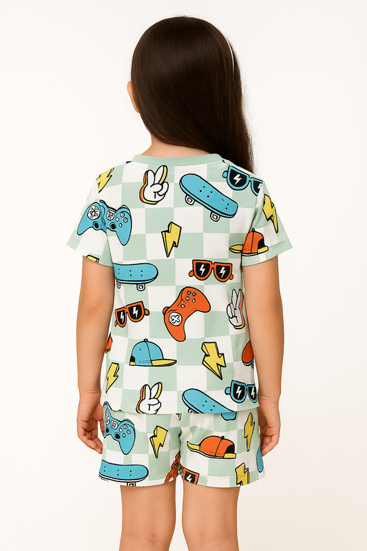 Street Vibe Cord Set | Skateboard & Game Print Cotton T-shirt & Shorts | Trendy Summer Outfit for Girls