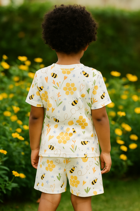 “Honey Bee Cord Set – Adorable Yellow Bee and Floral Print Outfit for Boys” Half Sleeve T-Shirt & Shorts Co-ord Set