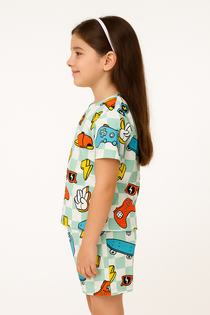 Street Vibe Cord Set | Skateboard & Game Print Cotton T-shirt & Shorts | Trendy Summer Outfit for Girls