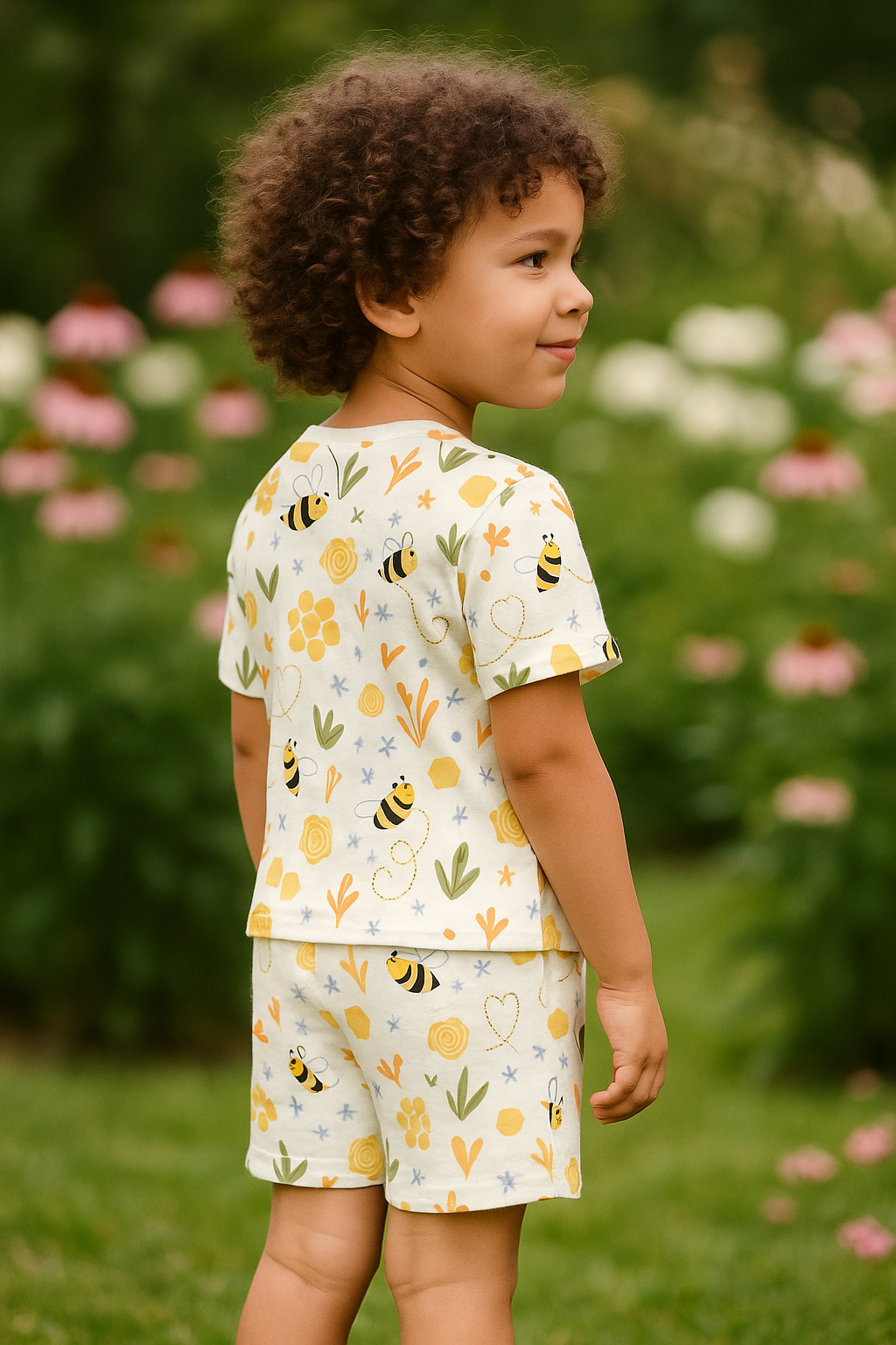 “Honey Bee Cord Set – Adorable Yellow Bee and Floral Print Outfit for Boys” Half Sleeve T-Shirt & Shorts Co-ord Set