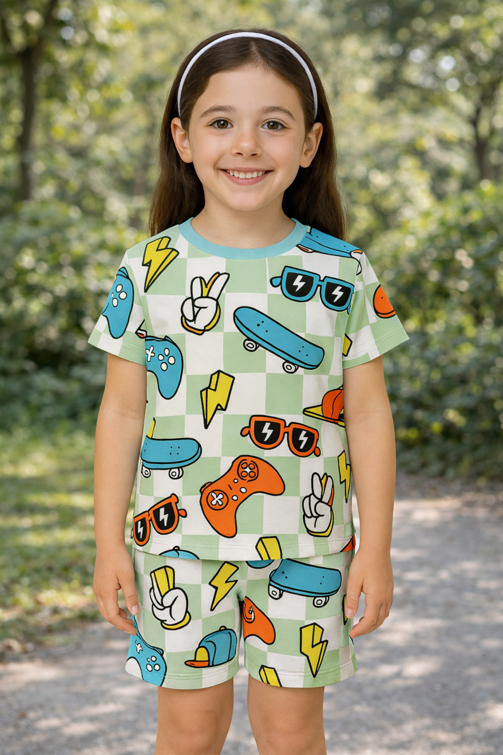 Street Vibe Cord Set | Skateboard & Game Print Cotton T-shirt & Shorts | Trendy Summer Outfit for Girls