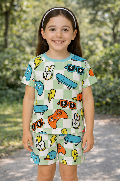 Street Vibe Cord Set | Skateboard & Game Print Cotton T-shirt & Shorts | Trendy Summer Outfit for Girls