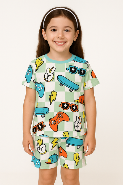 Street Vibe Cord Set | Skateboard & Game Print Cotton T-shirt & Shorts | Trendy Summer Outfit for Girls