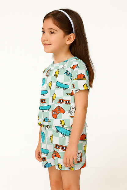 Street Vibe Cord Set | Skateboard & Game Print Cotton T-shirt & Shorts | Trendy Summer Outfit for Girls