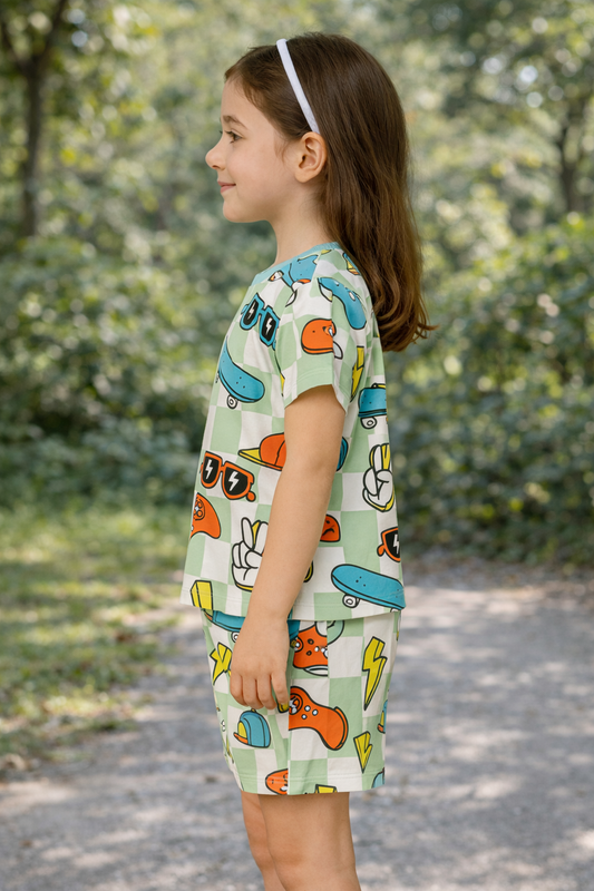 Street Vibe Cord Set | Skateboard & Game Print Cotton T-shirt & Shorts | Trendy Summer Outfit for Girls